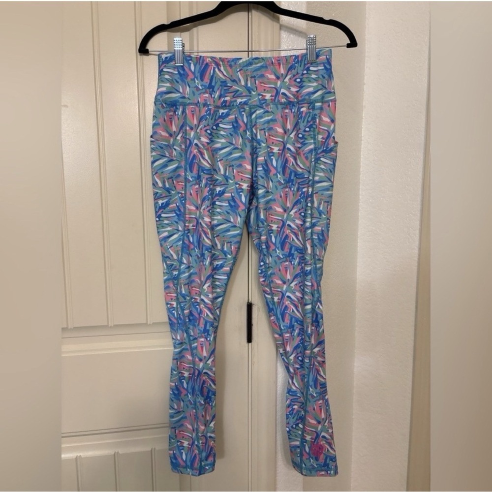 Simply Southern Palm Print Leggings XL Preppy Coastal Blue Pink Activewear